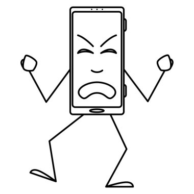 Akıllı telefon memnun değil, kızgın, bağırıyor ve ayaklarını yere vuruyor. Duygularını sergileyen akıllı telefon, eller ve ayaklar, insanlaştırma, stilize etme. Vektör simgesi, taslak, çizgi film, izole edilmiş