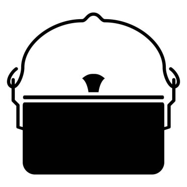 Kapağı ve asmak için prangası olan geniş bir tencere. Dışarıda yemek yemek, kamp yapmak, yürüyüş yapmak, seyahat etmek için. Vektör simgesi, kabartma, izole edilmiş