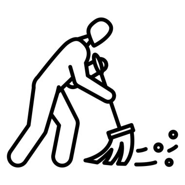 Bir kişi yerleri süpürür, paspas ve süpürgeyle toz ve kiri temizler. Temizlik ve temizlik servisi. Vektör simgesi, özet, izole edilmiş