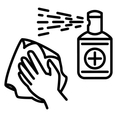 Dezenfeksiyon, yüzey temizliği, elle temizleme. Süngerli bir el, peçete, bir şişe antiseptik. Vektör simgesi, özet, izole edilmiş