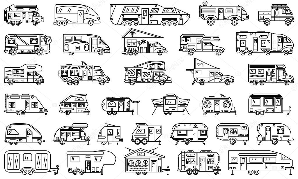 Motorhome, residential trailer, motorhome, camping car, recreational vehicles. Set of vector icons, outline, isolated