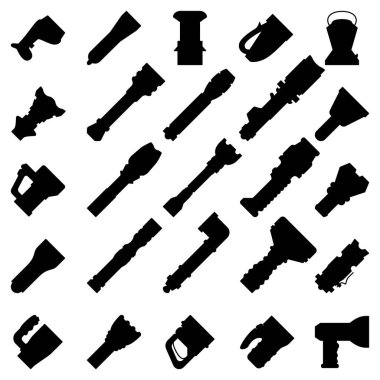 Portable handheld flashlight for night lighting. Flashlight for police, tourist, car driver, traveler, camping. Search in the dark. Set of vector icons, silhouette, isolated