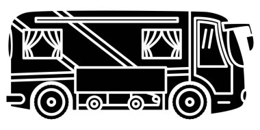 Karavan, eğlence aracı, kamp karavanı, aile kampçısı. İçinde araba olan büyük bir otobüs. Vektör simgesi, kabartma, siluet, izole edilmiş