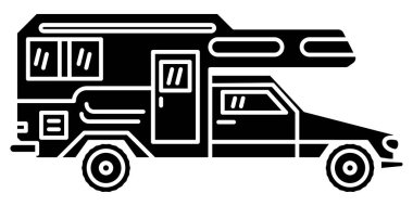 Karavan, eğlence aracı, kamp karavanı, aile kampçısı. Küçük bir aile için küçük bir karavan. Vektör simgesi, kabartma, siluet, izole edilmiş