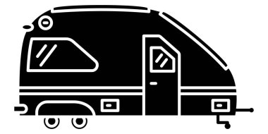 Karavan, eğlence aracı, kamp karavanı, aile kampçısı. Çatıda penceresi olan modaya uygun bir tasarım. Vektör simgesi, kabartma, siluet, izole edilmiş