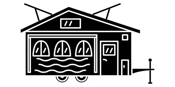 ホーム レクリエーション車両 キャンプトレーラー 家族のキャンパー サンルーフ 波とデザインの模倣 ベクトルアイコン グリフ シルエット — ストックベクタ
