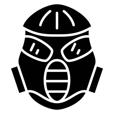 Gaz maskesi, koruyucu maske. Üç hava filtresi, izlemek için cam bardaklar. Başının, yüzünün ve nefesinin korunması. Gaz maskesi tasarımı. Vektör simgesi, kabartma, siluet, izole edilmiş