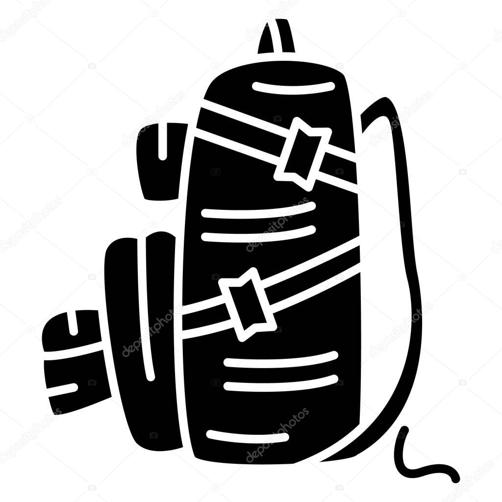 Backpack, hiking bag. Side view, tightened straps, compartments outside. Backpack of a tourist, traveler, sportsman. Vector icon, glyph, silhouette, isolated