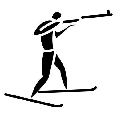 Kış sporları. Kışın olimpiyat sporları. Biatlon, kayak takımında tüfek atışı. Vektör simgesi, kabartma, siluet, izole edilmiş