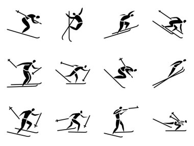 Kış sporları, kışın olimpiyat sporları. Biatlon, kros kayağı, sıçrama tahtası, serbest stil, yokuş aşağı. Vektör simgeleri, sembol, siluet, izole edilmiş