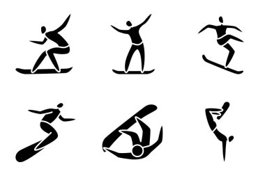 Kış sporları, kışın olimpiyat sporları. Snowboard, atlama, serbest stil, açık hava aktiviteleri. Vektör simgeleri, sembol, siluet, izole edilmiş