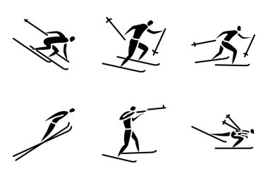 Kış sporları, kışın olimpiyat sporları. Kros kayağı, yokuş aşağı, kayakla atlama, biatlon, serbest stil. Vektör simgeleri, sembol, siluet, izole edilmiş