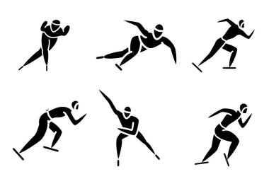 Kış sporları, kışın olimpiyat sporları. Paten, yarışma, atlet pozları. Vektör simgeleri, sembol, siluet, izole edilmiş