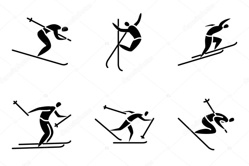 Winter sports, Olympic sports in winter. Cross-country skiing, downhill, ski jumping. Set of vector icons, glyph, silhouette, isolated