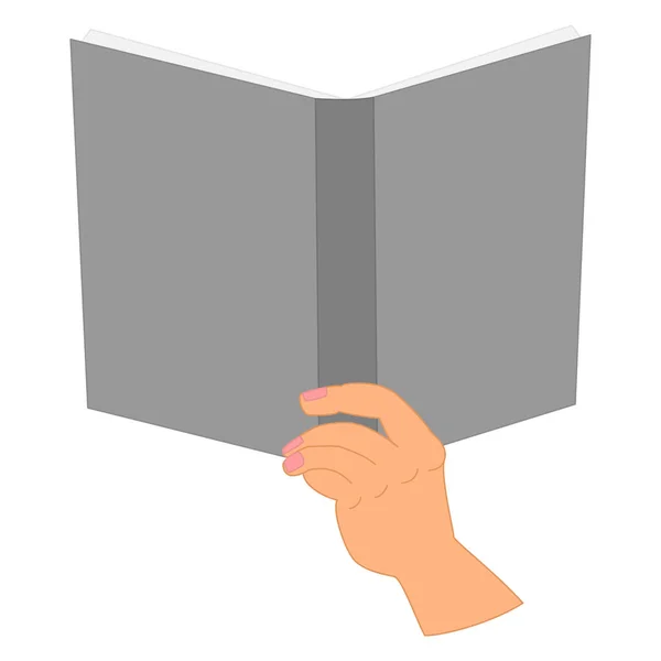 Libro Abierto Mano Una Maqueta Gris Libro Una Mano Leer — Vector de stock