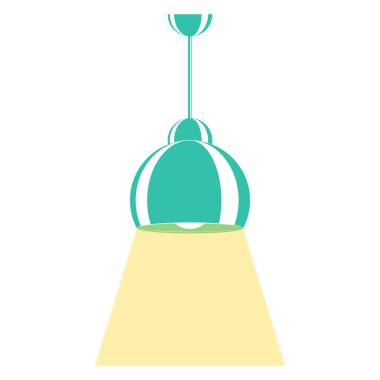 Tavan lambası. Yeşil yarı dairesel abajur. Işıklandırma ekipmanı. Bir iç mekan elementi. Vektör simgesi, düz, çizgi film, izole