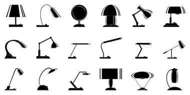 Masaüstü için masa lambası, farklı şekillerde ev ışıklandırması. İç mekan için aydınlatma cihazı. Masa lambası tasarımı. Vektör simgeleri, siluet, kabartma, izole edilmiş