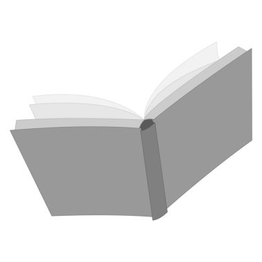 Kağıt sayfalı açık bir kitap. Bir kitap sembolü, boş bir kapak, sayfaları çevirme. Şablon, model. Öğrenme, okuma, eğitim, kitapçı. Vektör simgesi, düz, gri, izole