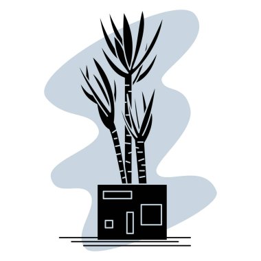 Saksı çiçeği. Sulu, yoğun, dar yapraklar. Ev, ofis, sera için saksıda bir bitki. Vektör simgesi, kabartma, soyut gri arkaplan, izole edilmiş