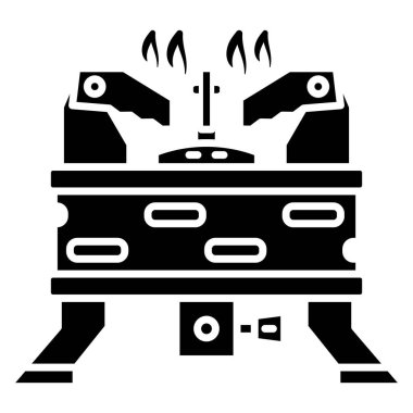 Turistler için taşınabilir gaz sobası. Büyük bir duruş, bulaşıklar için katlama elementleri. Açık hava yemek aletleri, kamp, gaz ekipmanları. Gaz sobası tasarımı. Vektör simgesi, kabartma, izole edilmiş