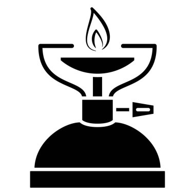 Turistler için taşınabilir gaz sobası. Küçük bir balon, kullan-at telefon ve kablodan yapılmış bir stand. Açık hava yemek aletleri, kamp, gaz ekipmanları. Gaz sobası tasarımı. Vektör simgesi, kabartma, izole edilmiş