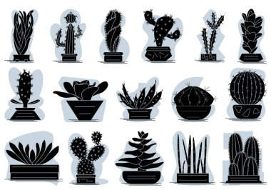 Kaktüs, ev ve ofis için bir tencerede sulu. Kapalı alanda çeşitli bitkiler. Vektör simgeleri, sembol, siluet, soyut gri arkaplan, izole edilmiş