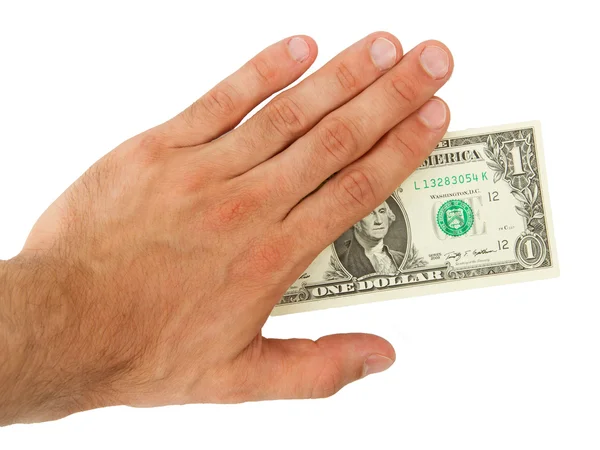 Homem segurando uma nota de um dólar — Fotografia de Stock