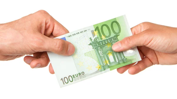 Man giving 100 euro to a woman — Stock Photo, Image