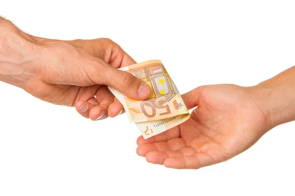 Homem dando 50 euros a uma mulher — Fotografia de Stock