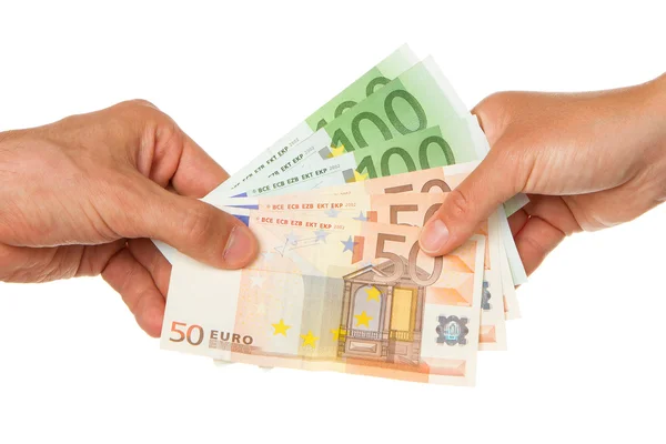 Man giving 450 euro to a woman — Stock Photo, Image