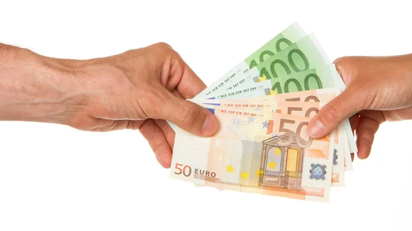 Man giving 450 euro to a woman — Stock Photo, Image