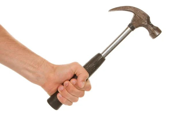 Man holding a old metal hammer — Stock Photo, Image