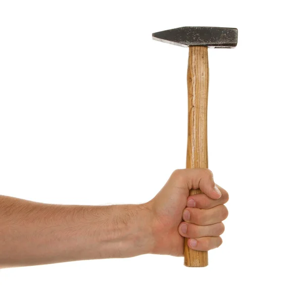 Man holding a old wooden hammer — Stock Photo, Image