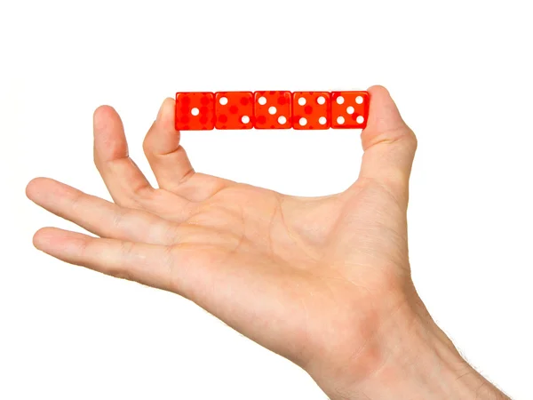 Man holding five red dice — Stock Photo, Image