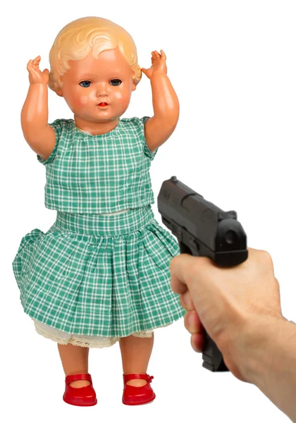 Sehr alte Babypuppe (1940er Jahre) mit Handfeuerwaffe — Stockfoto