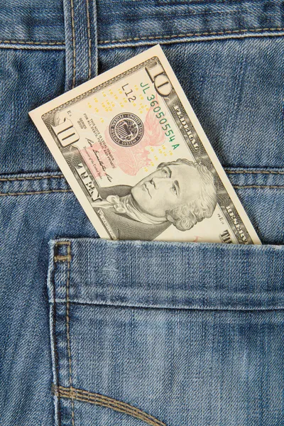 Macro-opname van trendy jeans met Amerikaanse 10 dollar bill — Stockfoto