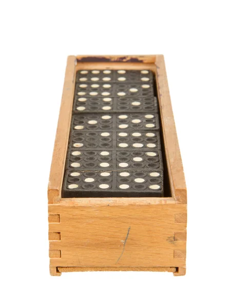 Domino molto vecchio in scatola di legno — Foto Stock