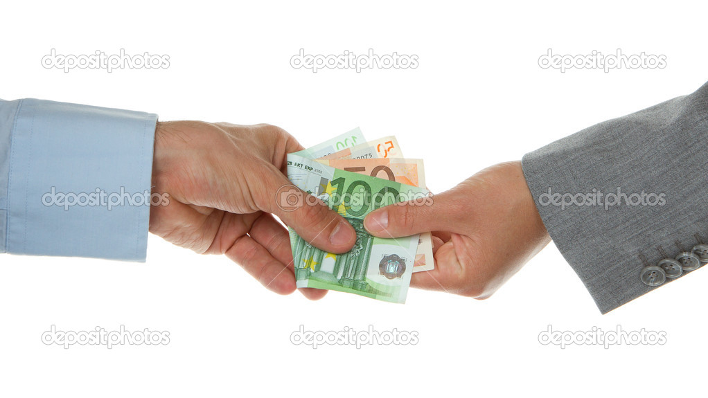 Man giving 150 euro to a woman (business)