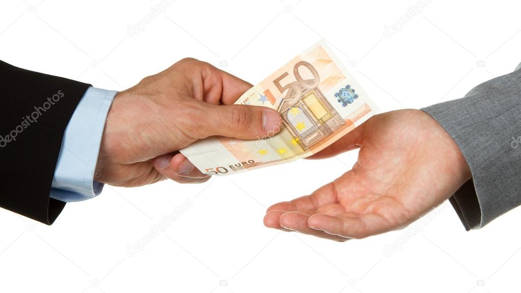 Man giving 50 euro to a woman (business)
