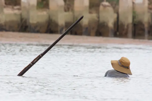 En vietnamesisk fiskare söker efter ormar och skal i den — Stockfoto