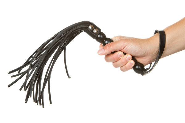 Strict Black Leather Flogging Whip in woman's hand
