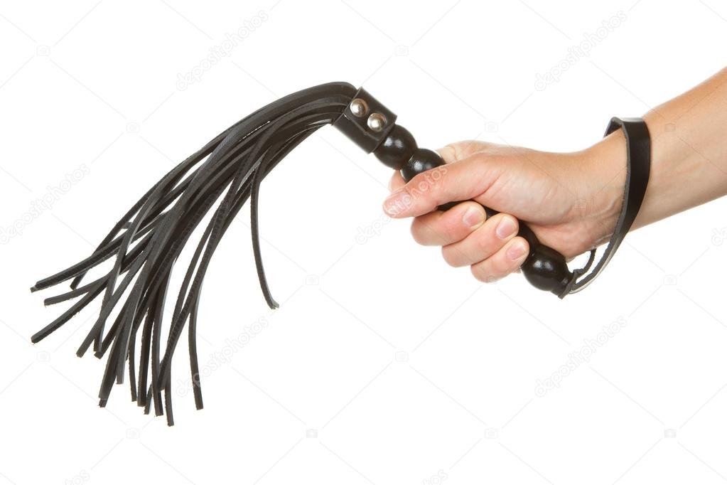 Strict Black Leather Flogging Whip in woman's hand