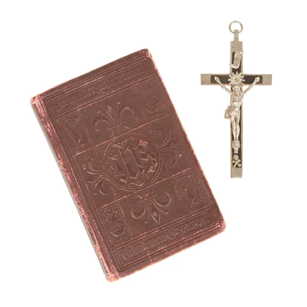 Παλιά αντίκα Αγία Γραφή και σταυρό σε λευκό φόντο — Φωτογραφία Αρχείου