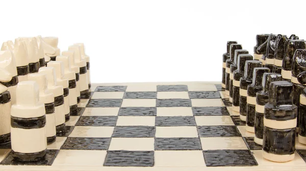 Unique handmade chess set (pottery), isolated — Stock Photo, Image