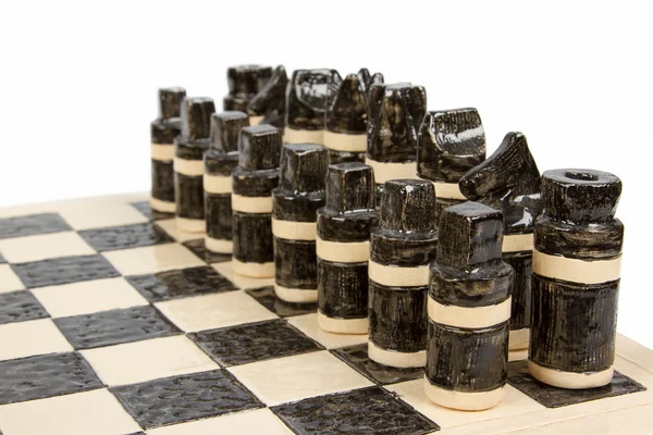 Unique handmade chess set (pottery), isolated — Stock Photo, Image