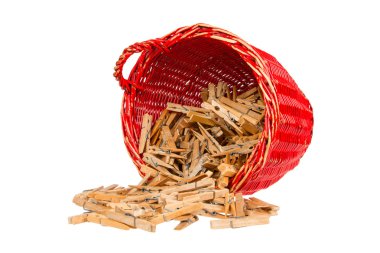 Very old red basket with wooden clothespins clipart