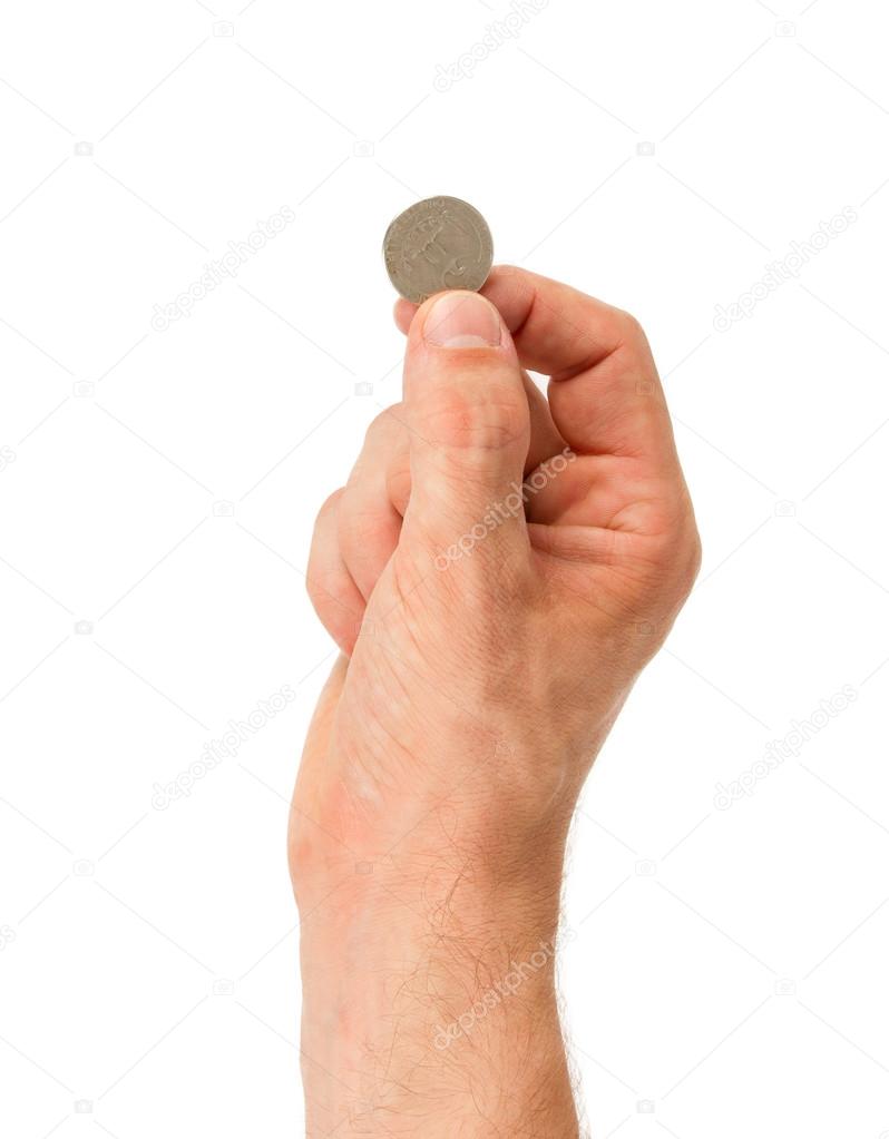 USA quarter in the hand of a man, isolated