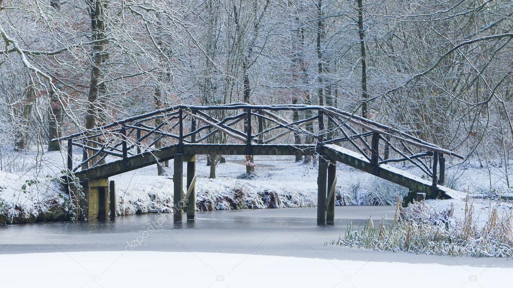 Wooden bridge covered in snow