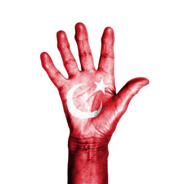 elle turk bayrak bir desen ile sarılmış, yaşlı bir kadının