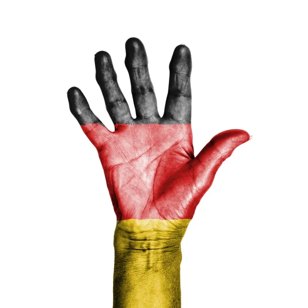 Hand of an old woman, wrapped with a pattern of the flag of Germ — Stock Photo, Image